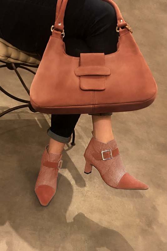 Terracotta orange women's ankle boots with buckles at the front. Tapered toe. High kitten heels. Worn view - Florence KOOIJMAN